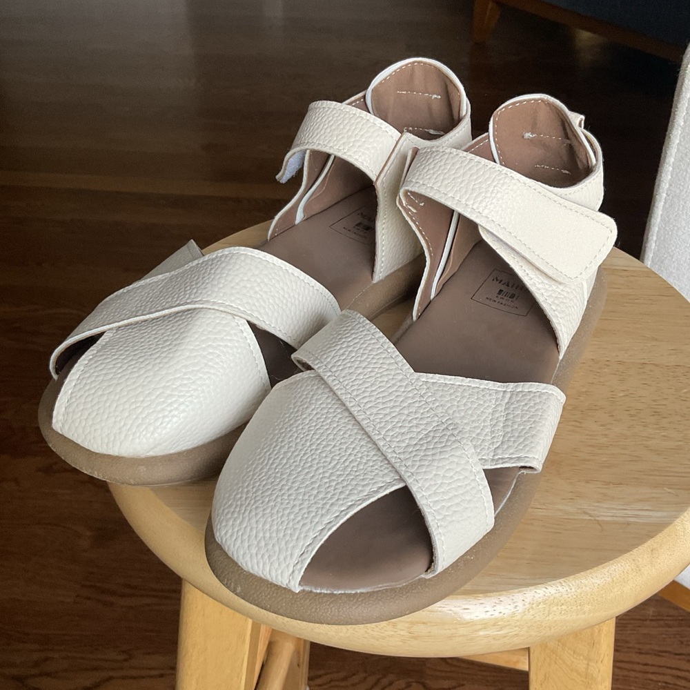 MAHON Cream  Leather Sandals with Velcro Straps